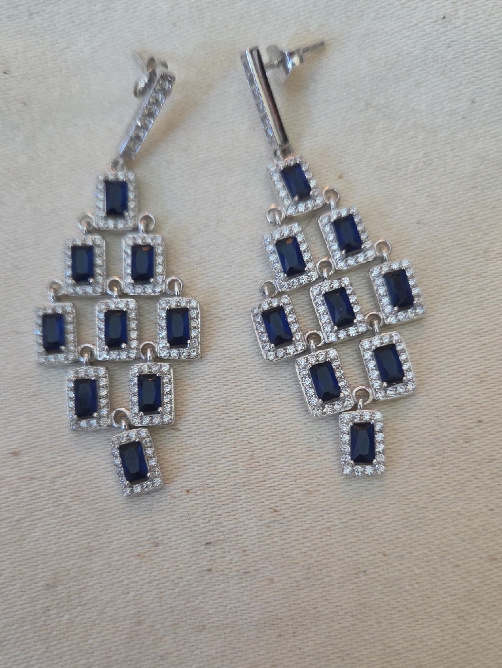 Tocara Silver-Tone Navy Blue Crystal Drop Earrings_ Never Worn